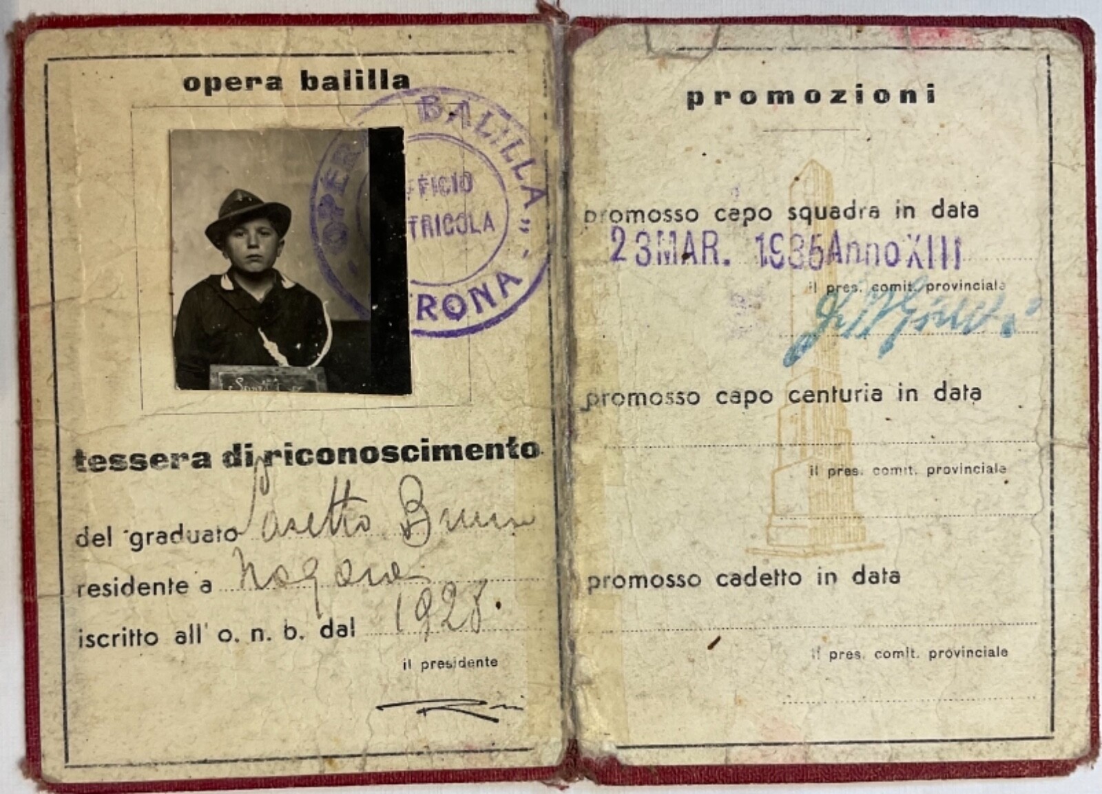 OPERA BALILLA TESSERA RICONOSCIMENTO GRADUATI CAPOCENTURIA XIII 1935 NOGARA