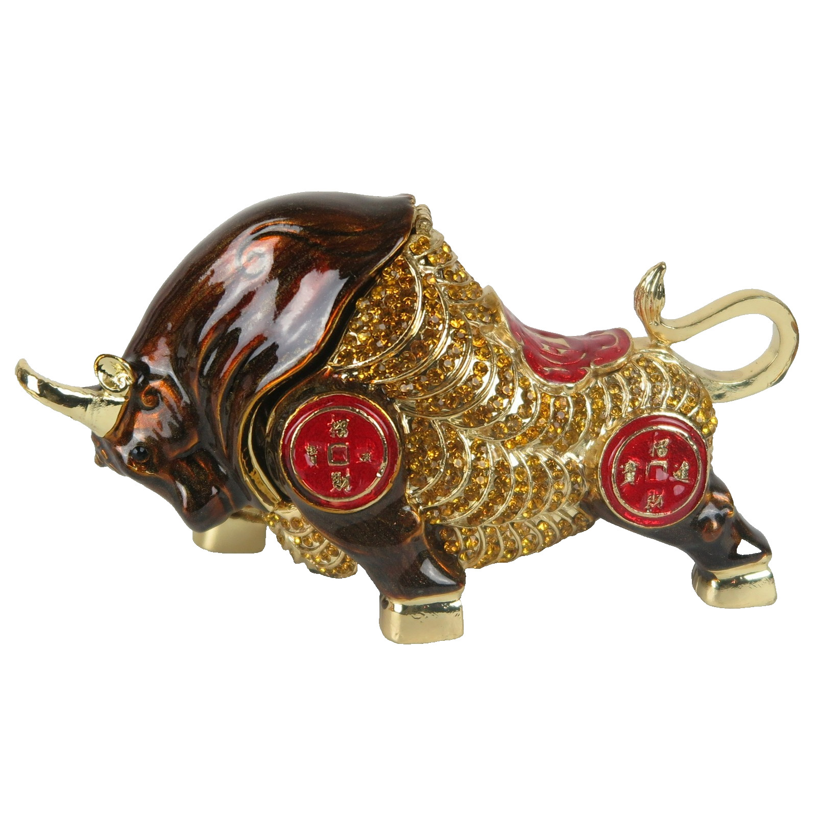 Brown Charging Bull Trinket Box w/ Gold Tone Metal & Rhinestones 5.5"L New
