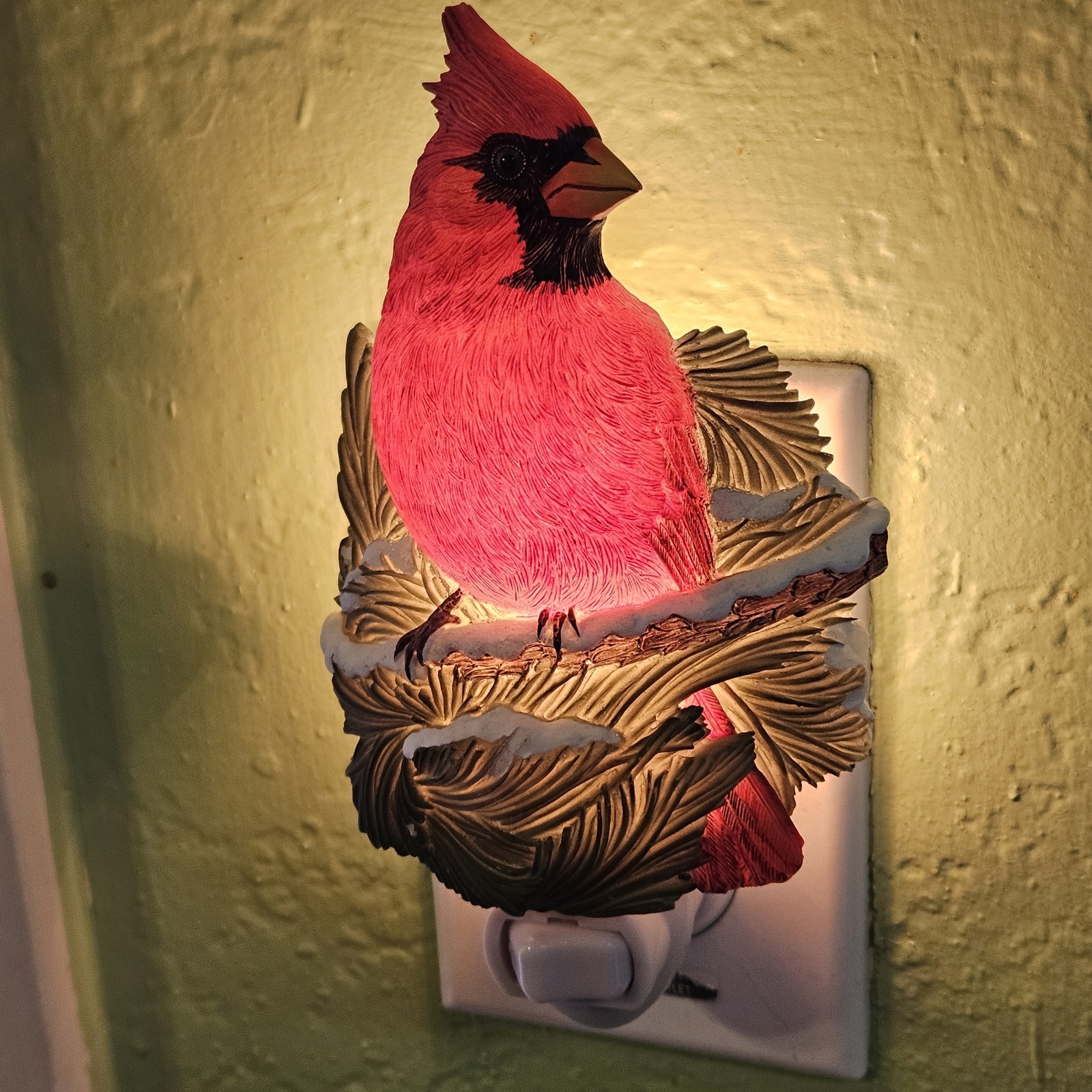 Christmas Plug In Resin Night Light Red Cardinal On Pine Branch  5.5" Tall