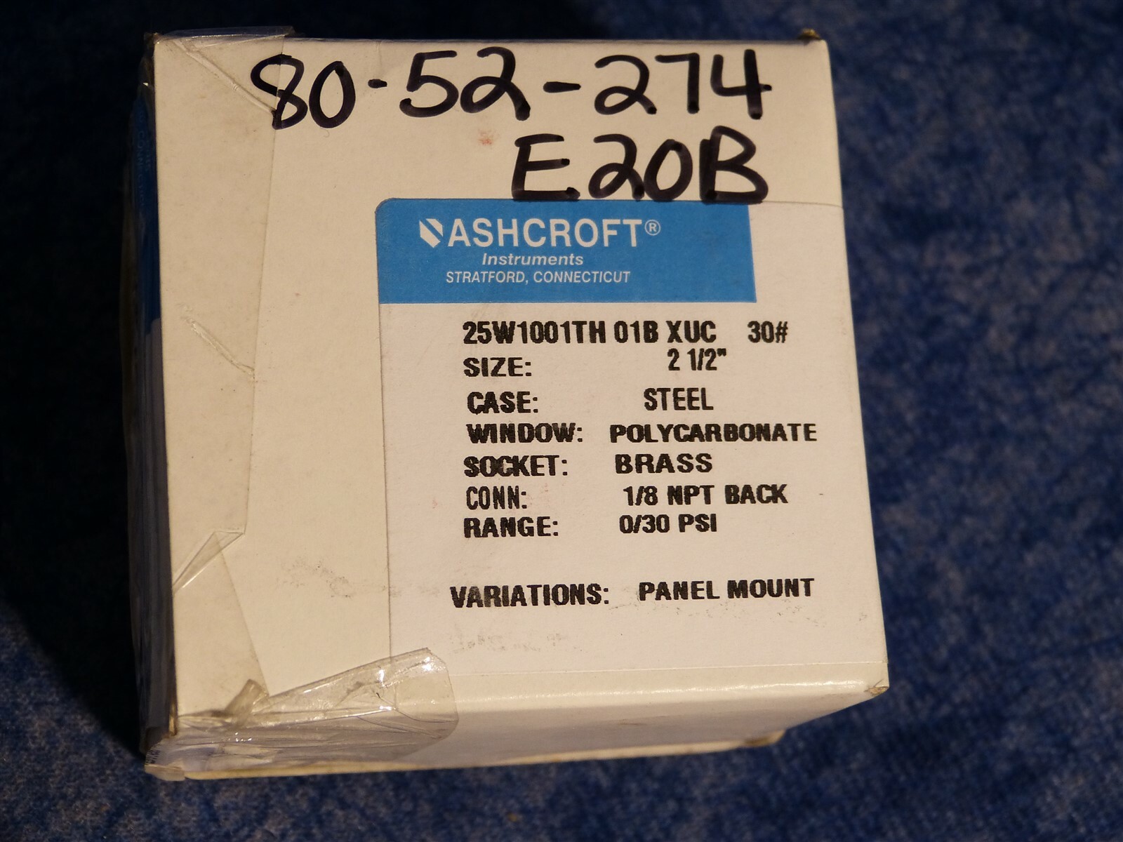 Ashcroft 25W1001TH01BXUC 2.5" Face Pressure Gauge 0-30PIS 1/8NPT Panel Mount