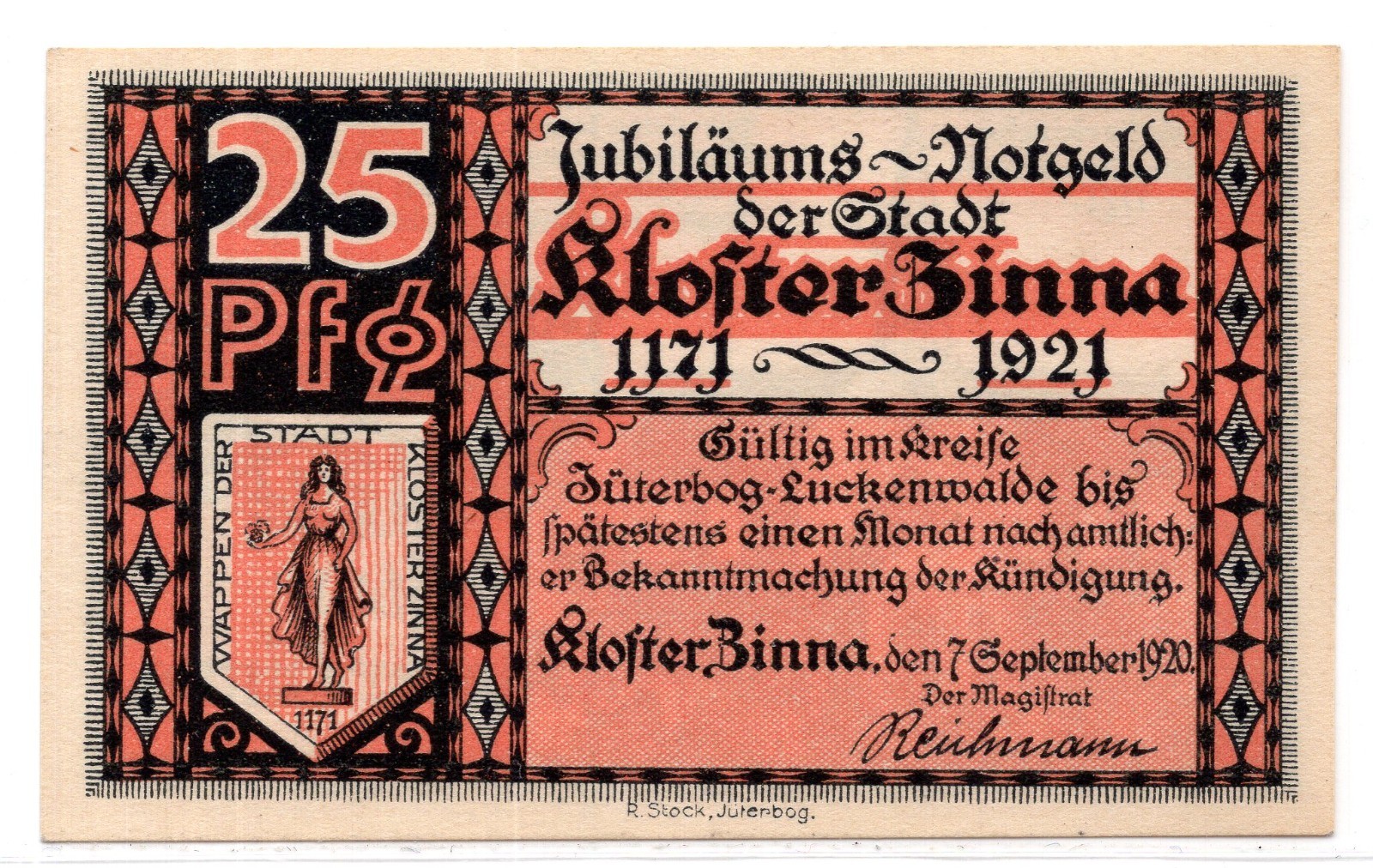 1920 Germany Kloster Zinna Notgeld 25 Pfennig Note (3899)