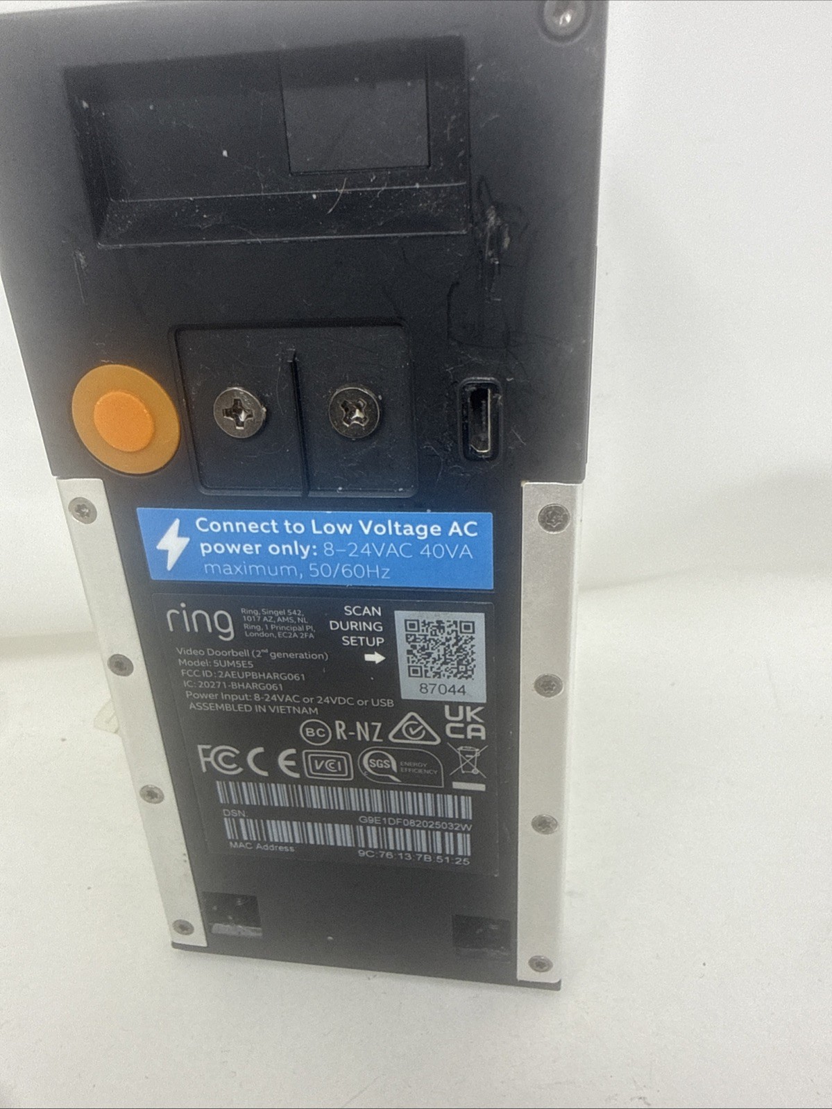 Ring 5UM5E5 (2nd Generation) Video Door Bell Gray Tested Working