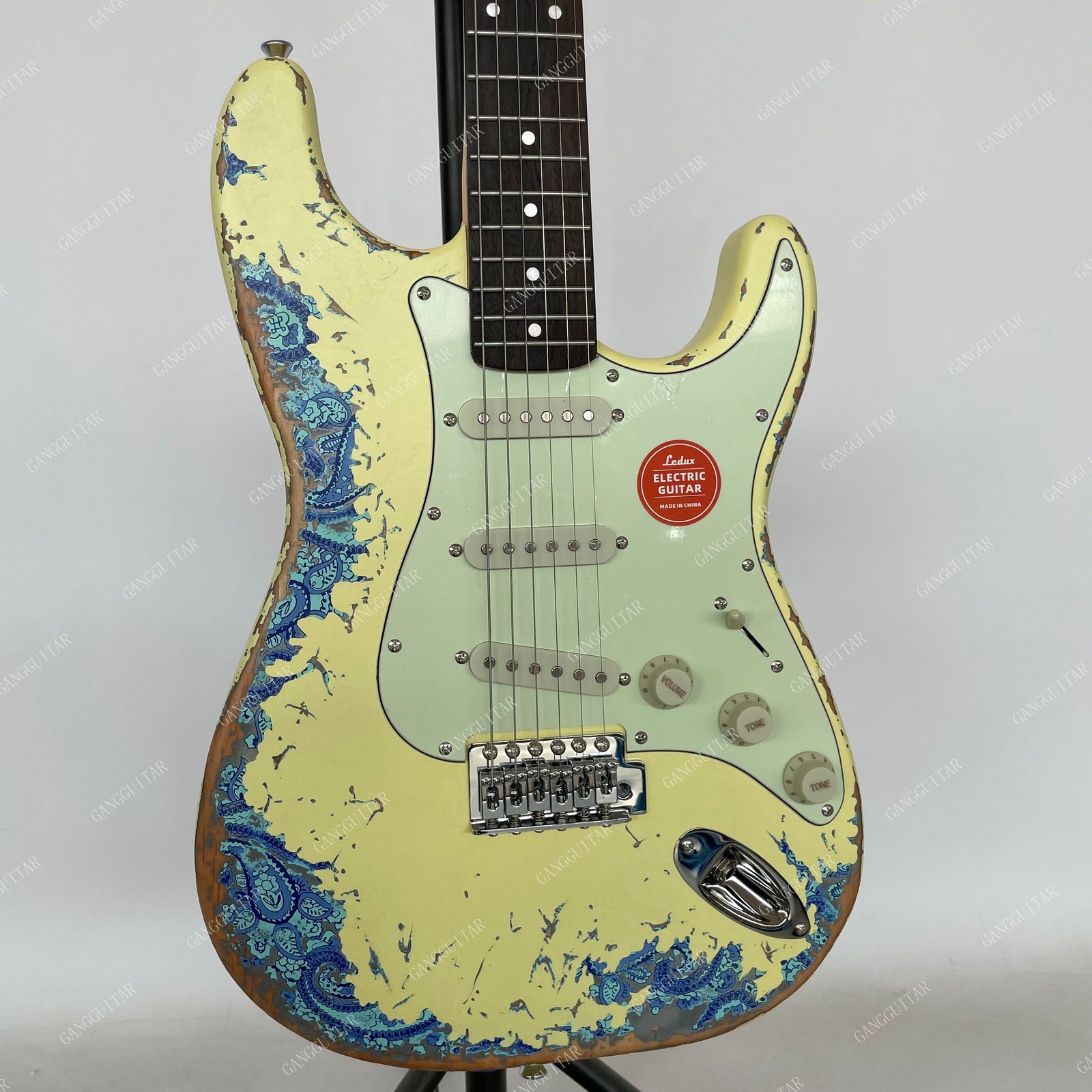 Aged STT Solid Body Electric Guitar Bone Nut Tremolo SSS Pickup Blue Yellow Body