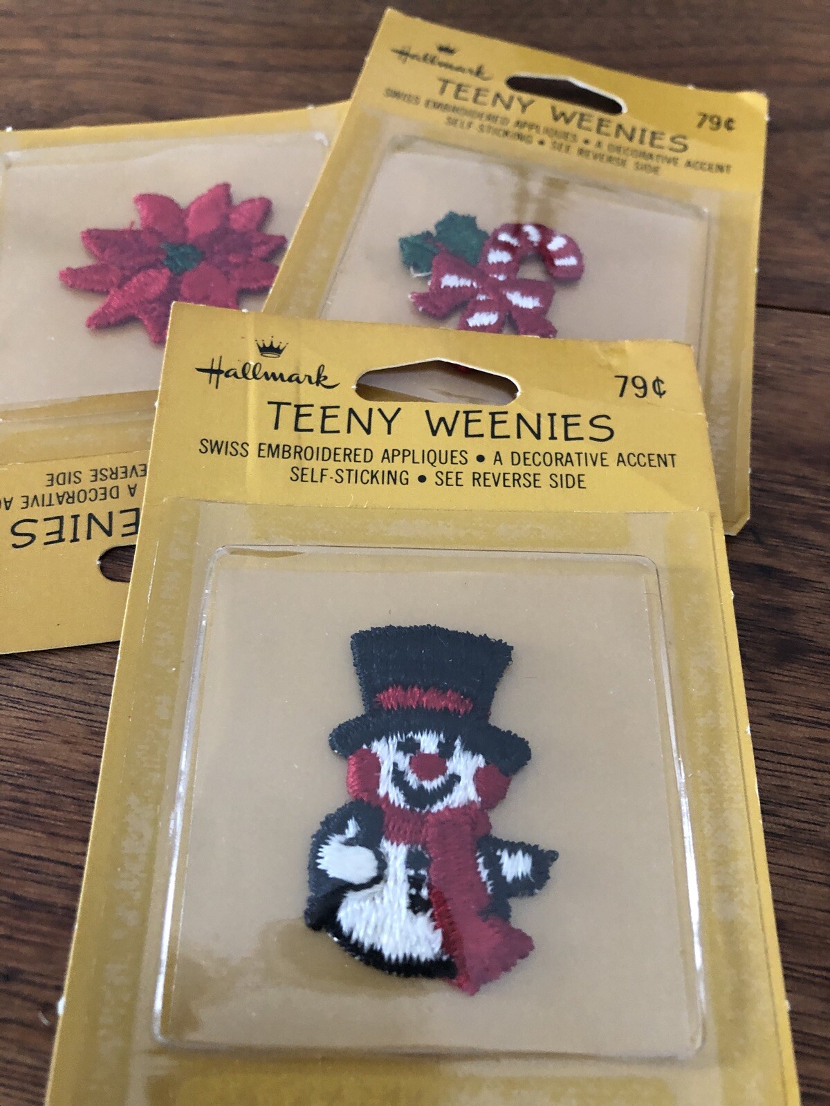 NOS 3 Hallmark Teeny Weenies Swiss Embroidered Appliques-PoinsettiaSnomanCandy