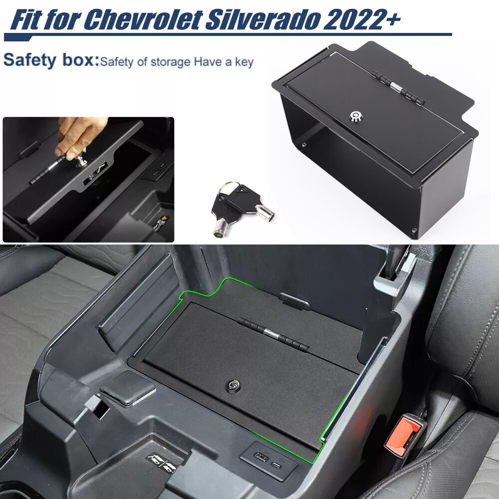Console Vault Safe Box Key Lock Fit For Chevy Silverado GMC Sierra 2022+ Black