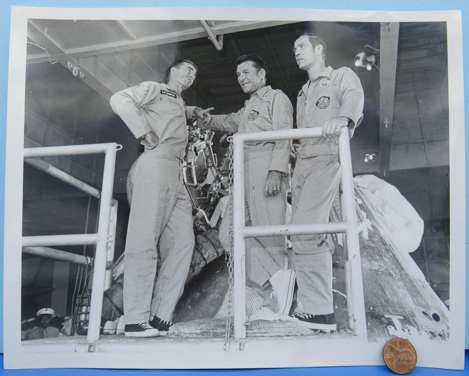NASA PHOTO '68 vtg APOLLO 7 Astronauts / USS Essex Recovery Ship /  8 x 10" B&W