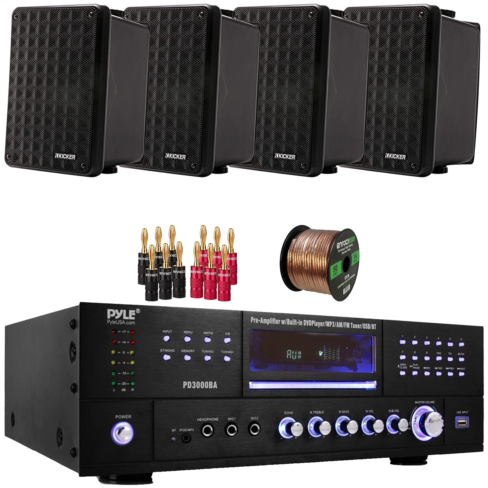 Pyle 3000W Bluetooth Home Audio Receiver, 4x 6.5" 150W Speakers, Banana Plugs