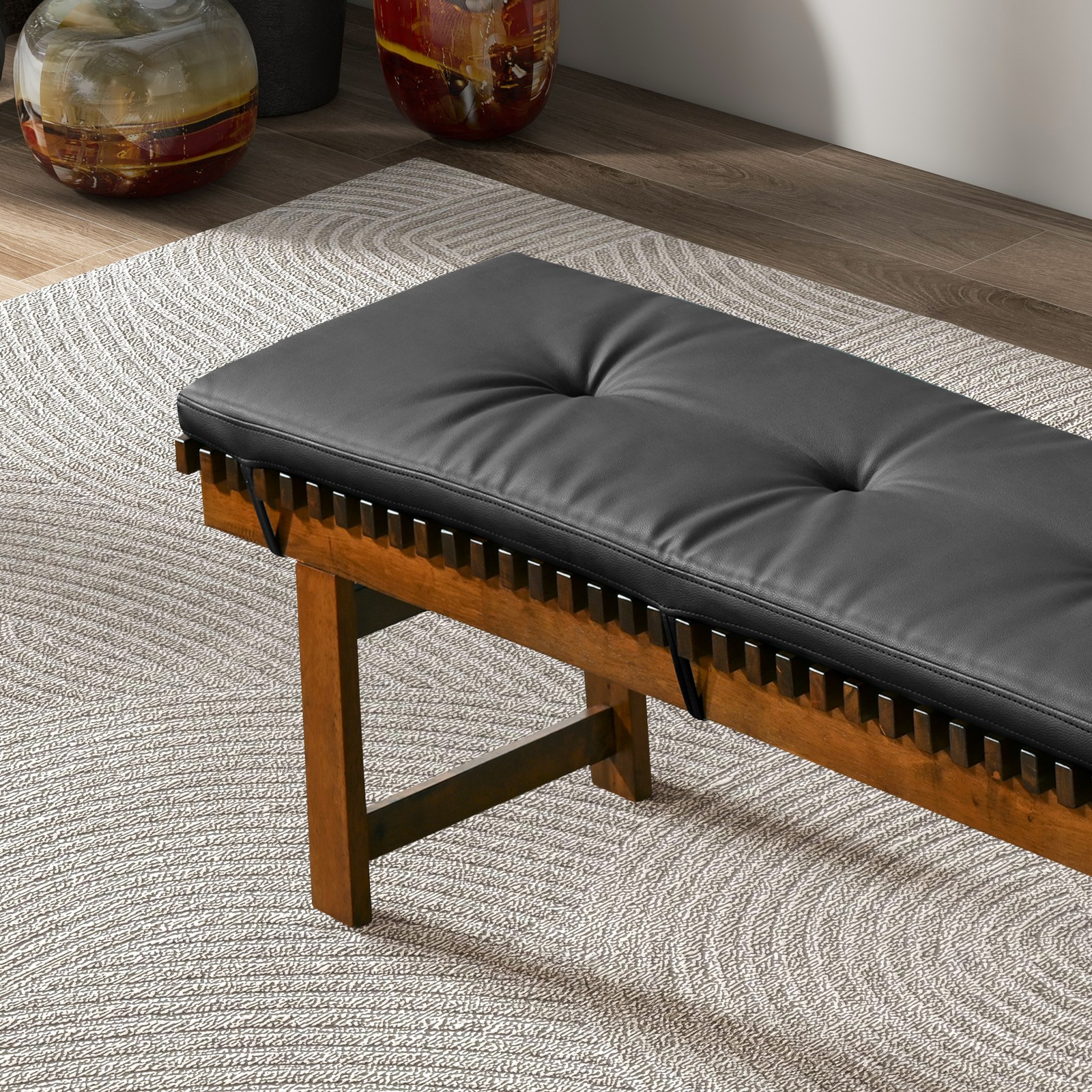 Teak Wood Frame Vegan Leather Accent Chair, Foam Padded Seat for Living Room