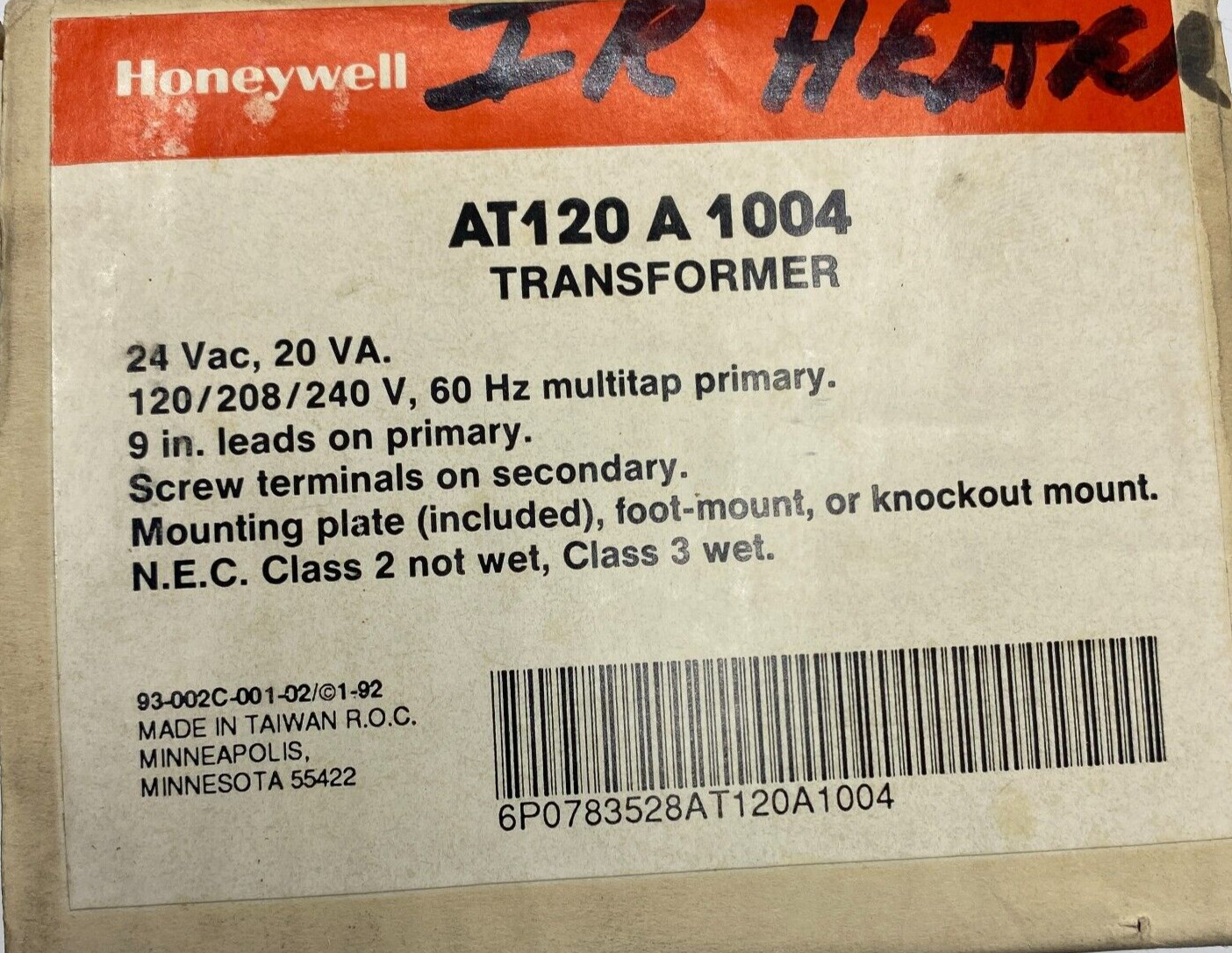HONEYWELL AT120A1004 PRI 120-240V..SEC 24V 20VA TRANSFORMER🔔