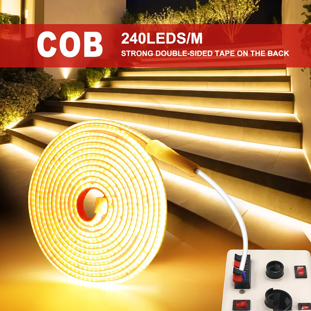 LED COB Strip Lights Adhesive 110V 240LED/M Flexible Tape Lamp Dimmable Linear