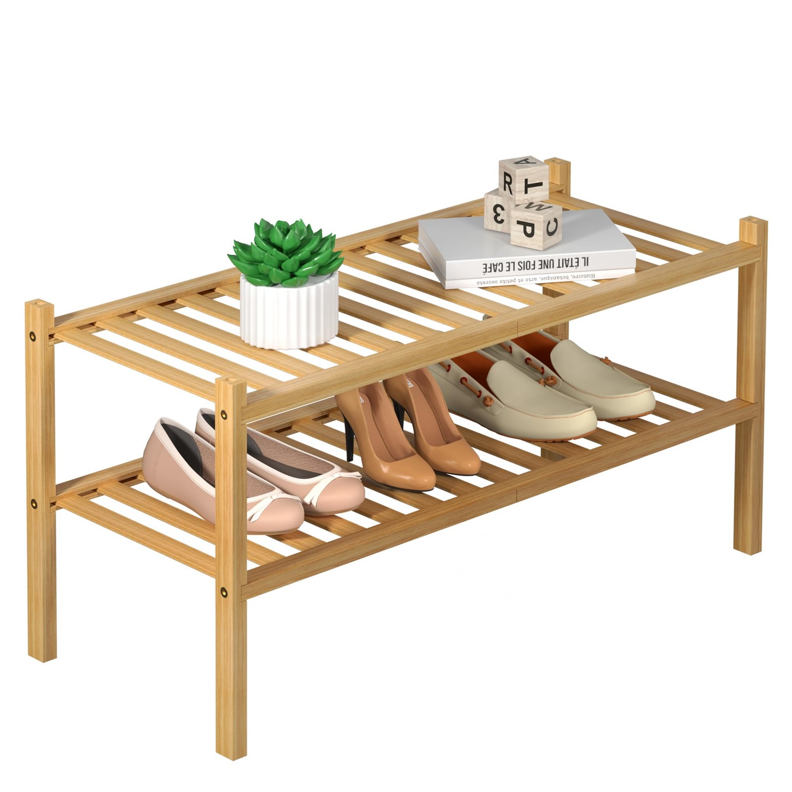 ROMGUAR CRAFT 2 Tier Bamboo Shoe Rack for Closet Free 2 Tier, Natural