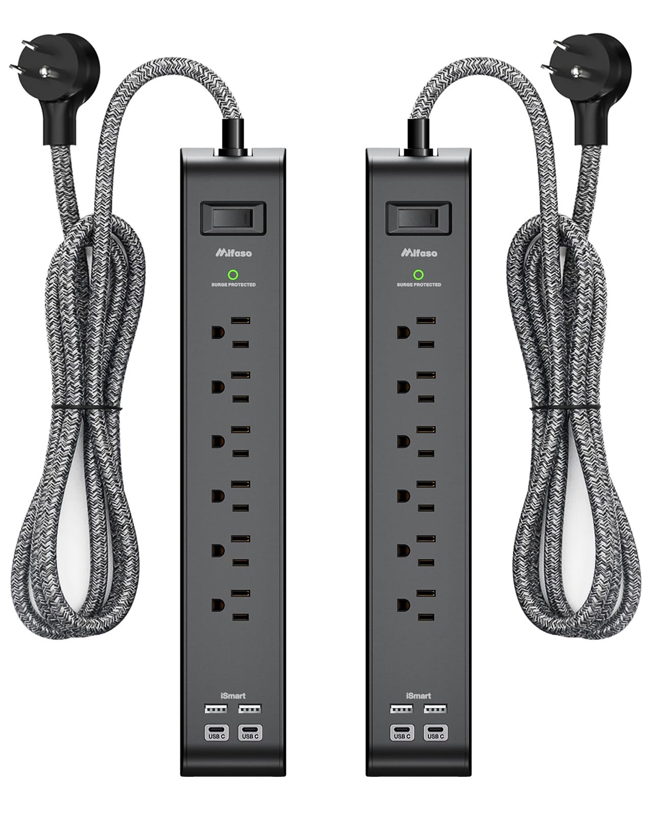 2 Pack Surge Protector Power Strip with 6 Outlets 4 USB Ports 5 FT, Black
