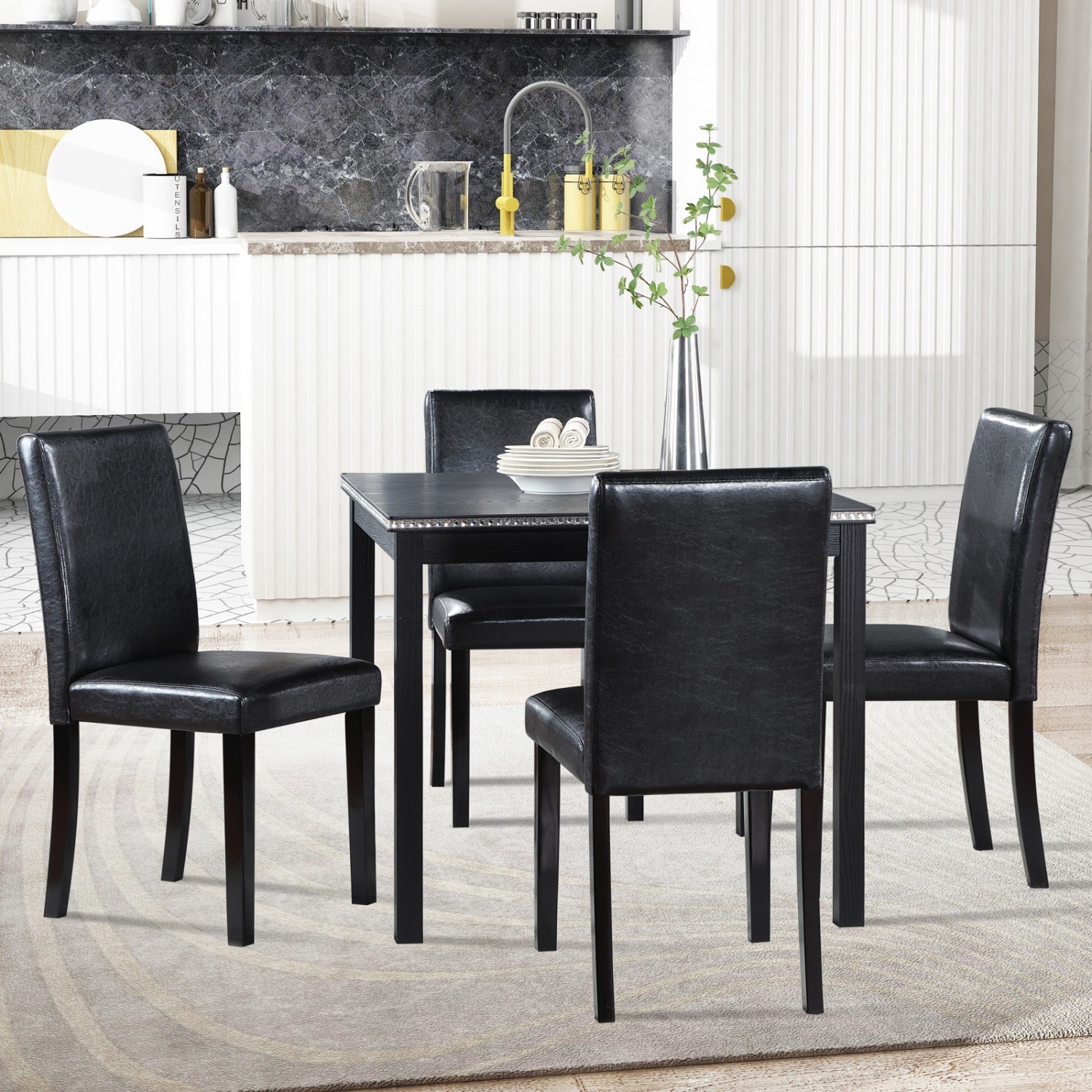 5 Piece Dining Table Set Wood Square Dining Table & 4 PU Upholstered Chair Black
