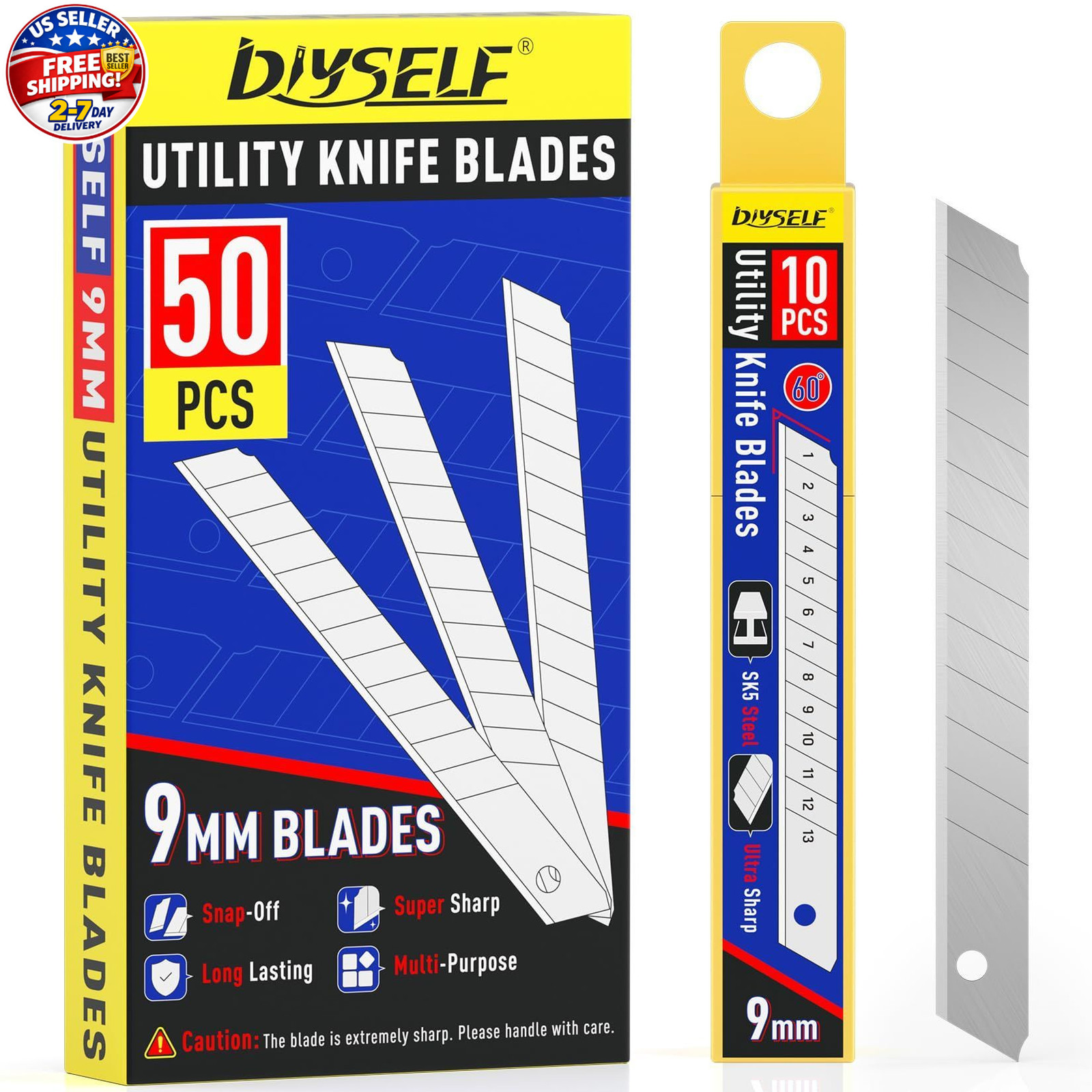 DIYSELF 50Pcs 9mm Utility Knife Replacement Blades, Snap 50-Pack(60°), 60°