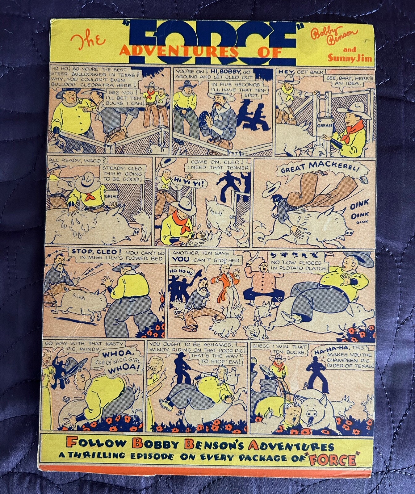 FORCE CEREAL  BOX BACK  CUT OUT  BOBBY BENSON  COMIC  C. 1930'S  GREASED PIG