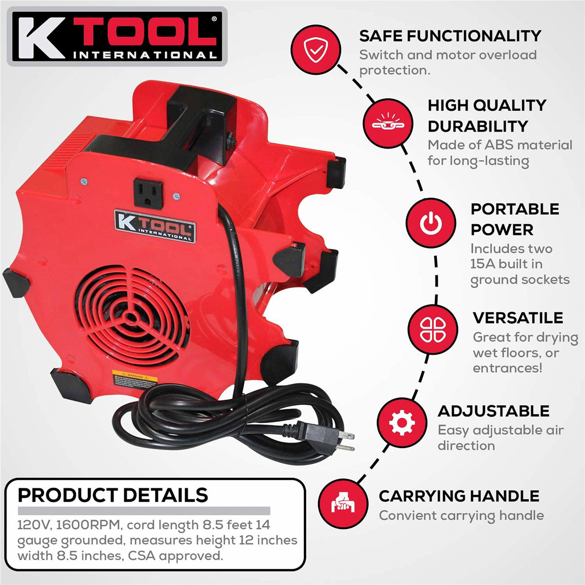 K Tool 77702 Workforce Blower, 3-Speed, 300 CFM, Impact Resistant Design