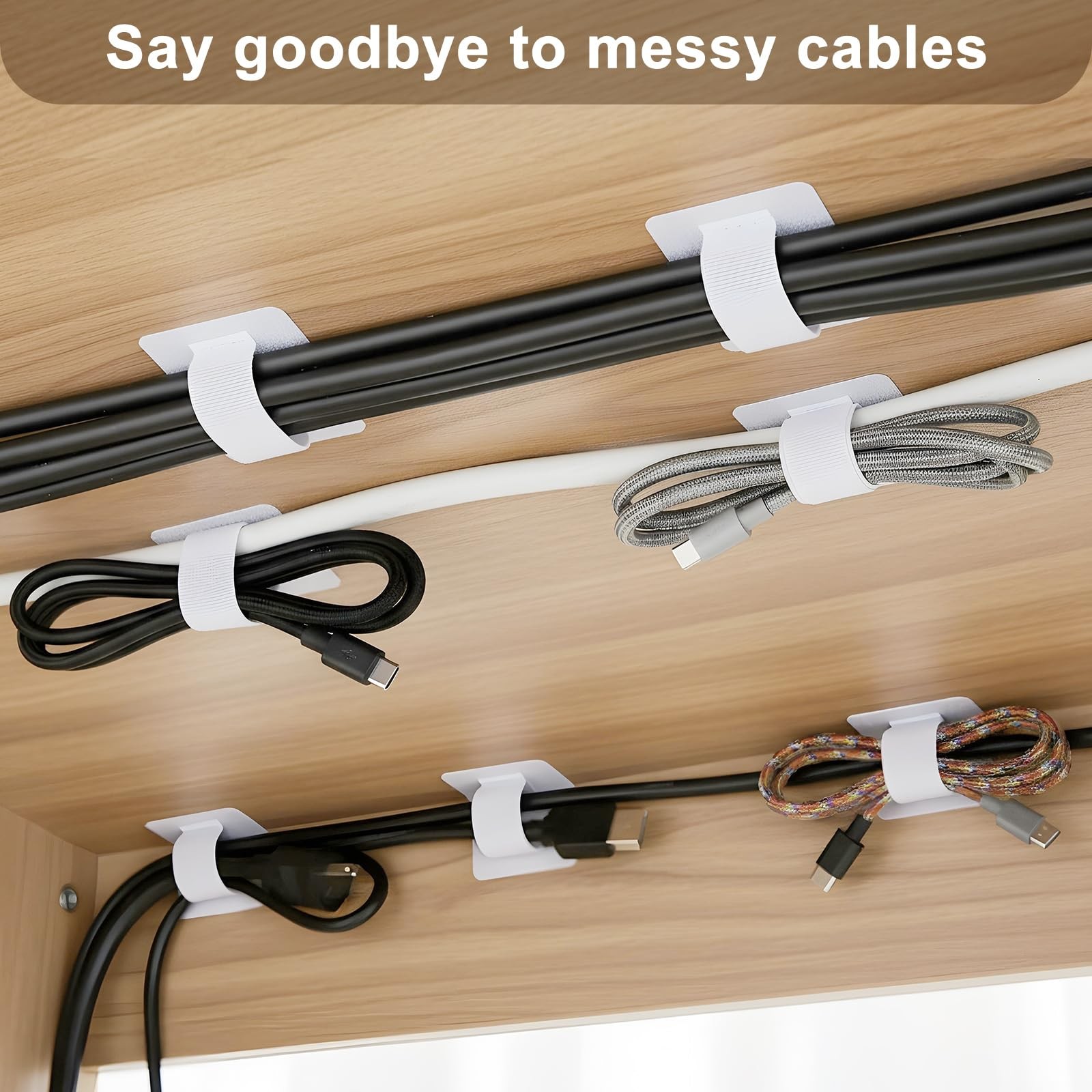 100 Pcs Hook and Loop Cable Ties, Self Adhesive Cable Management Desktop Cabl...