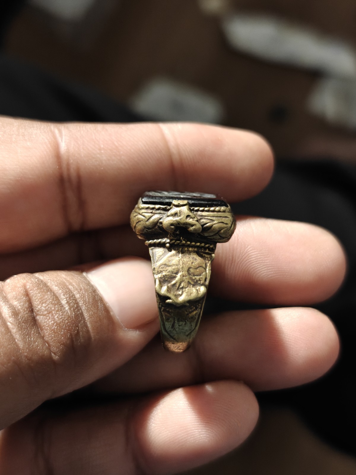 Mediveal brass black agate animal intaglio unique ring