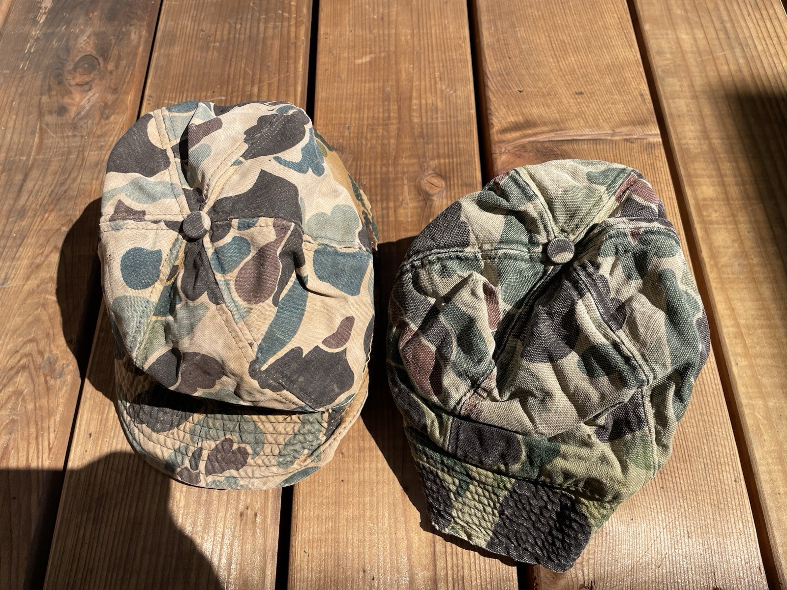 VINTAGE CAMO BUCKET HATS DUCK HUNTING 7-3/8 TO 7-1/2 DISTRESSED JONES STYLE