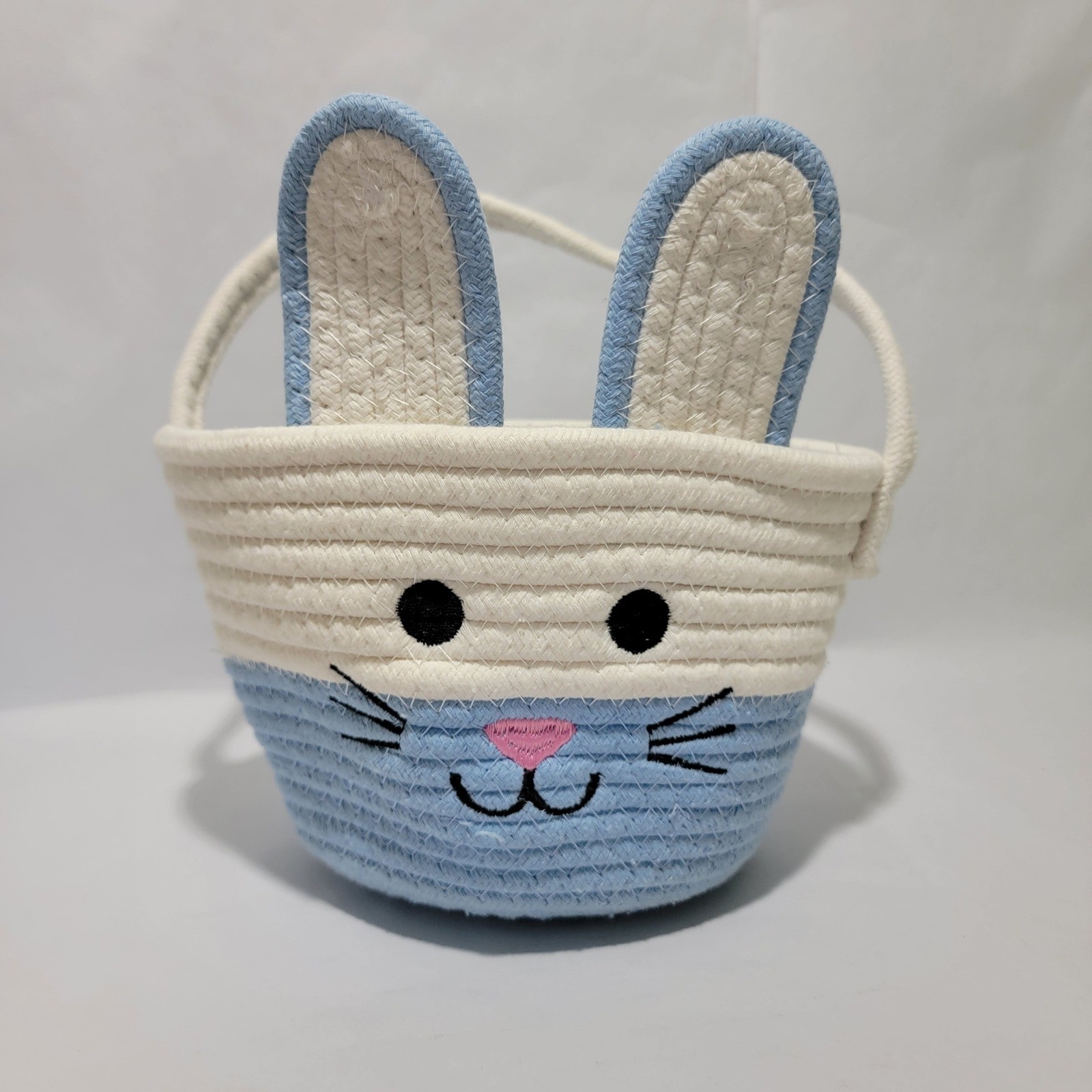 Blue White Woven Cotton Rope Bunny Easter Basket Embroidered Face 3D Ears 6in