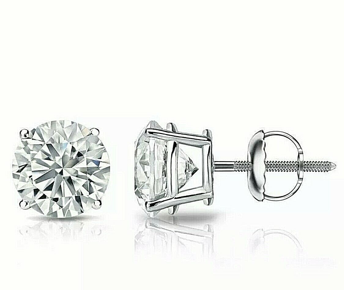 4 Ct Round Cut Lab Created Solitaire Stud Earrings 14K White Gold Screw Back 8mm