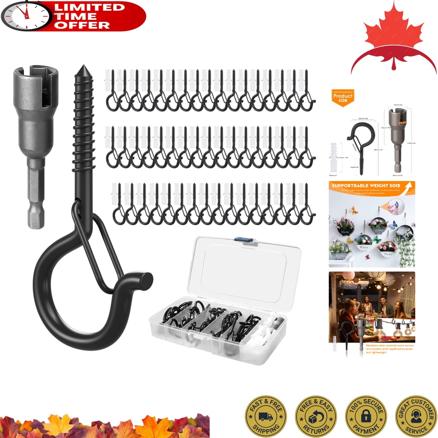 Q-Hanger Hooks for Outdoor String Lights - 50 Set - Wing Nut Drill Bit Socket