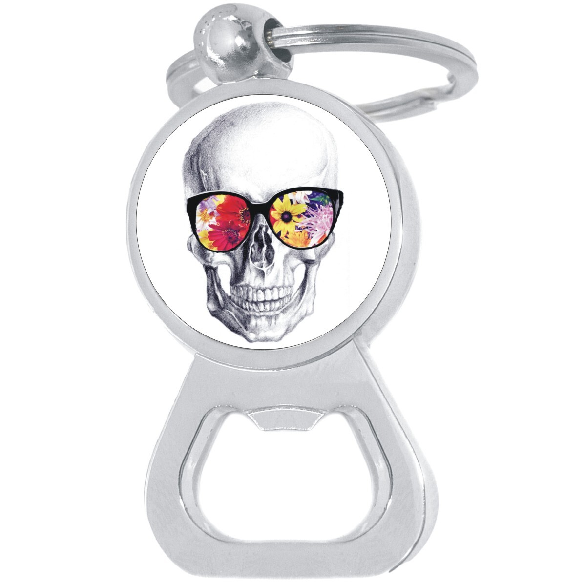 Skull with Sunglasses Bottle Opener Keychain - Metal Beer Bar Tool Key Ring