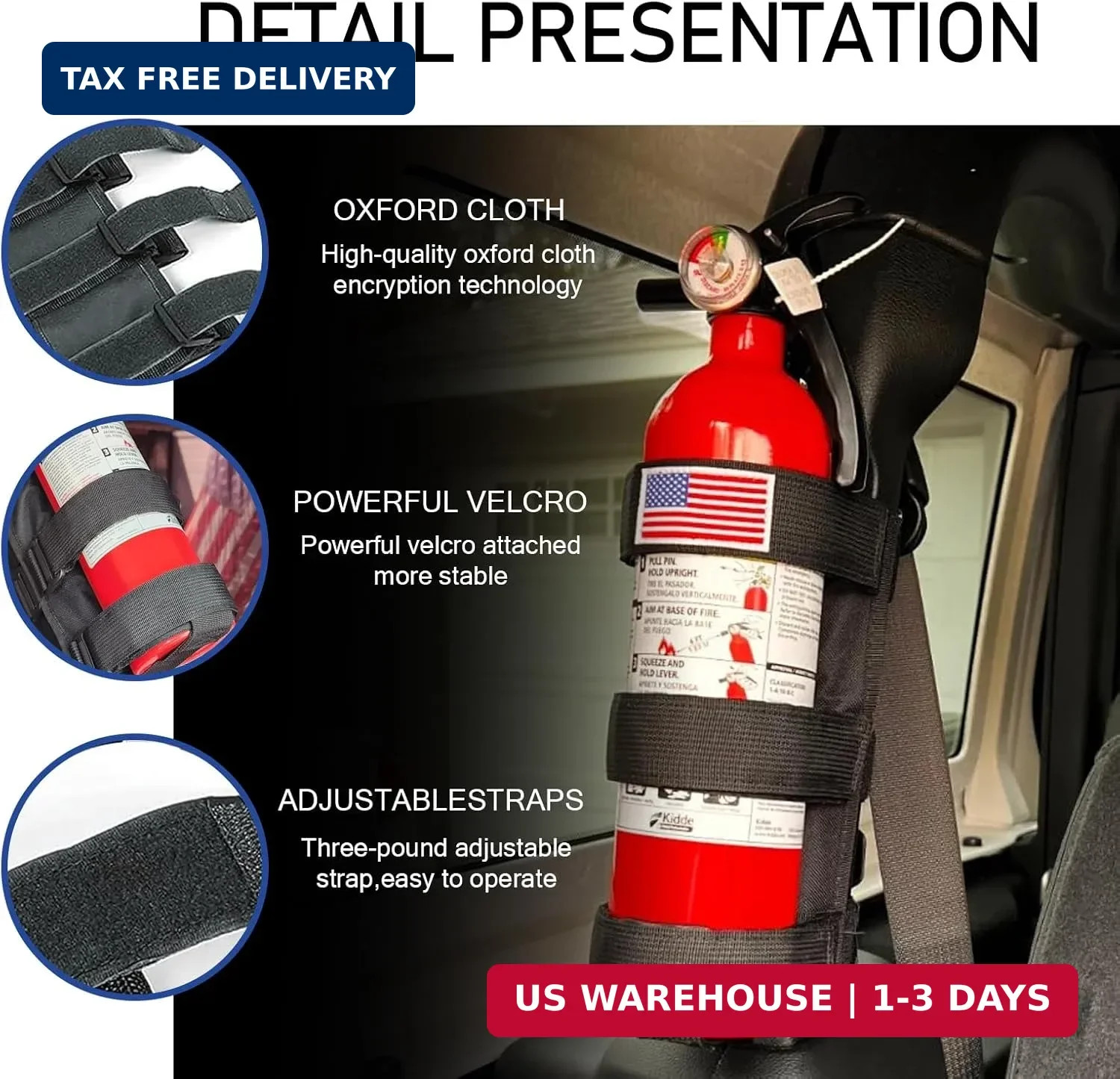 Roll Bar Fire Extinguisher Holder, Adjustable Extinguisher Mount Strap with USA