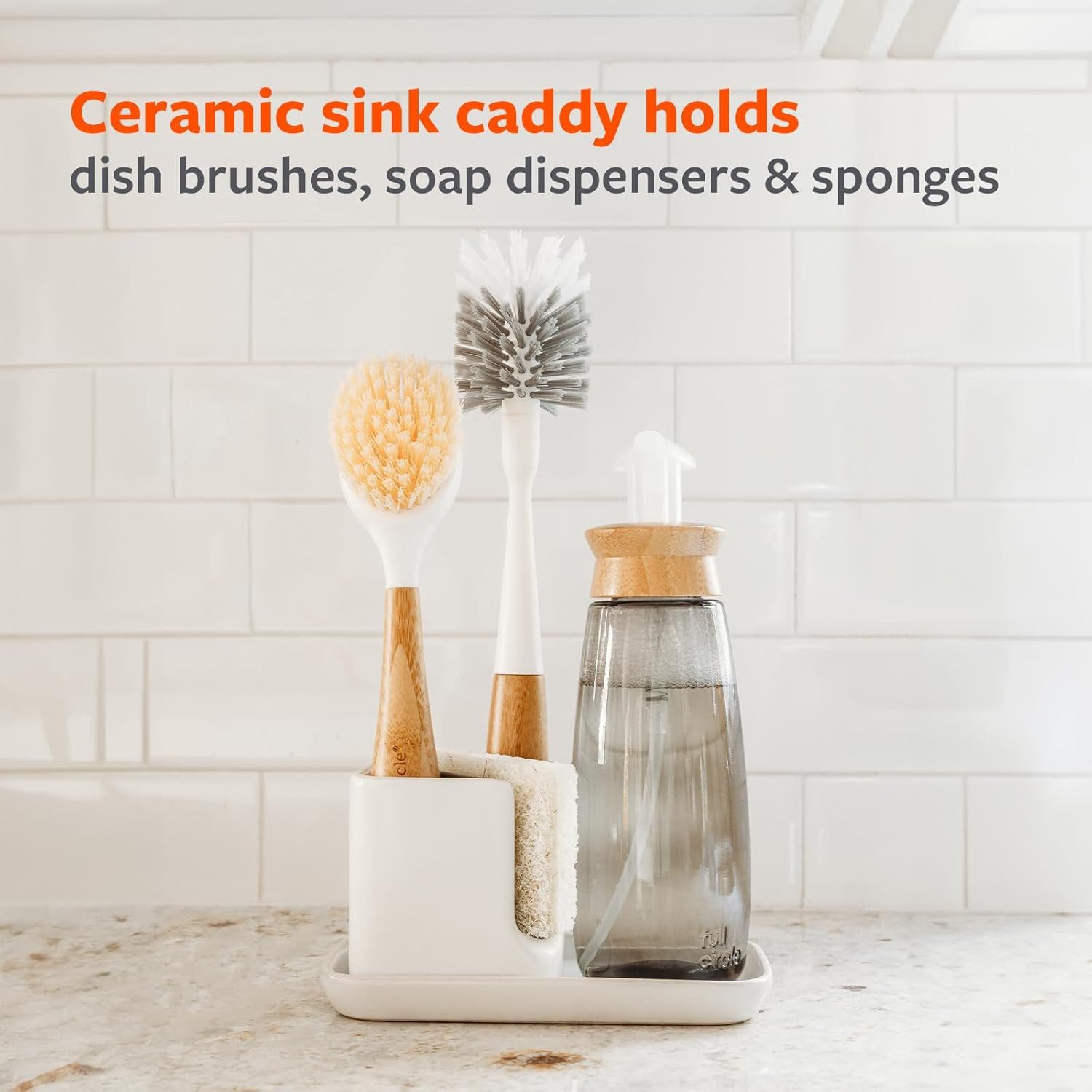 Full Circle Sinkside Ceramic Cleaning Station - Kitchen Sink Caddy & Sponge Hold