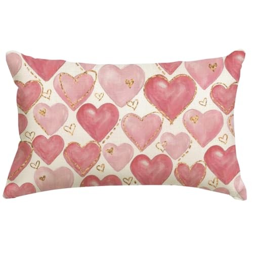 Valentines Pillow Covers 12x20 Inch,Hearts Golden 20" x 12" (Pack of 1) Pink
