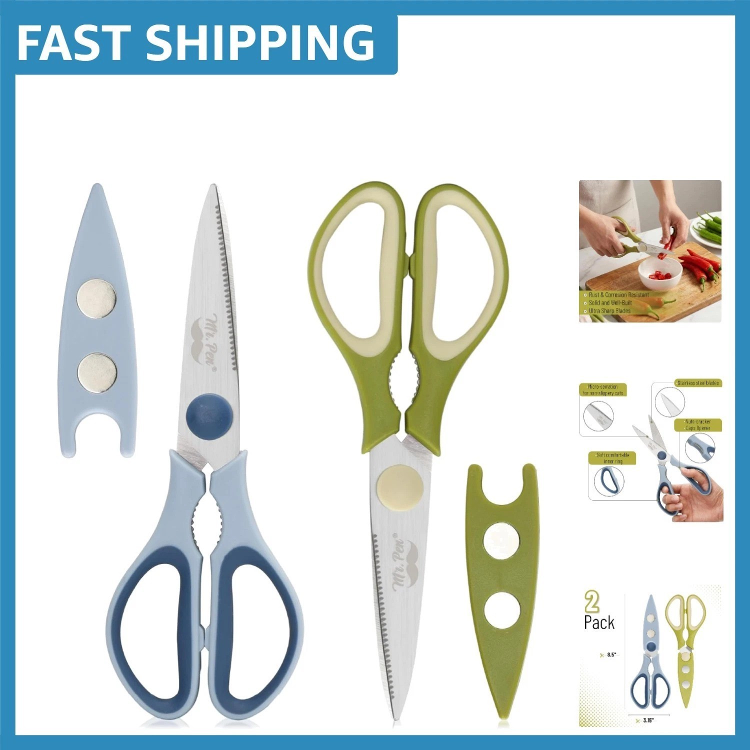 Dishwasher Safe Kitchen Shears with Soft Grip - Olive & Beige, Set of 2