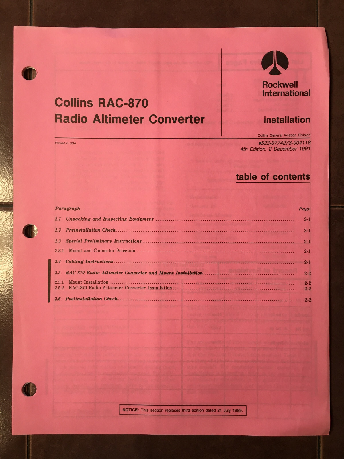 Rockwell Collins RAC-870 Radio Altimeter Converter install manual