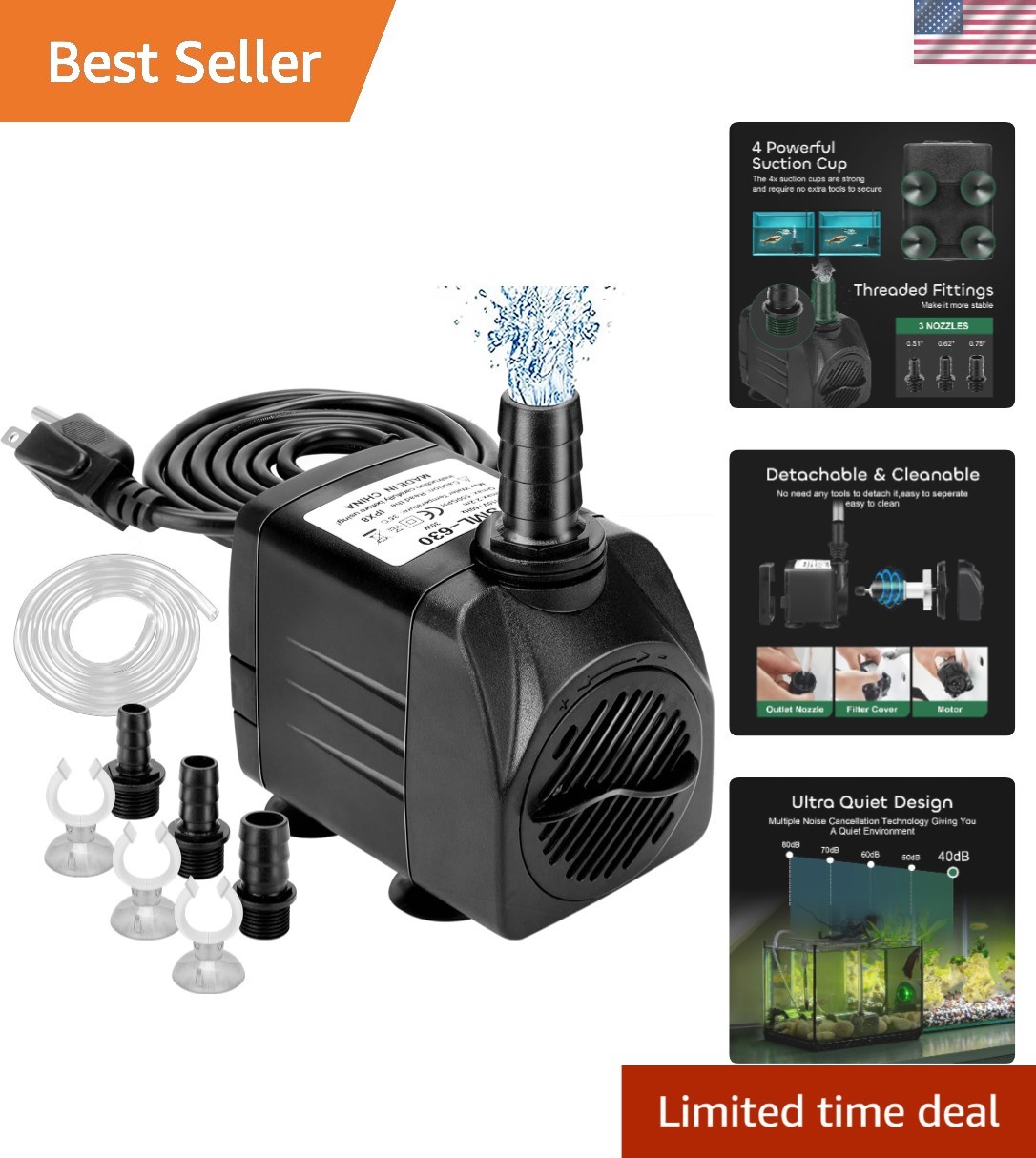 Compact 550GPH  Certified Water Pump for Aquariums, Fountains, and Hydroponics