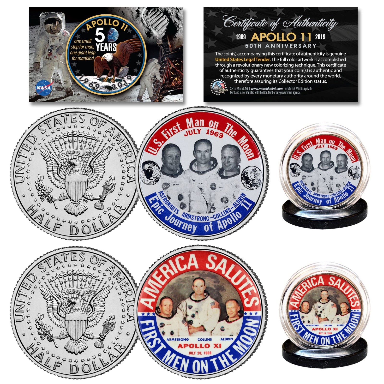 APOLLO 11 50th Anniv. Space Man on Moon JFK Half Dollar 2-Coin Set 1969 Button