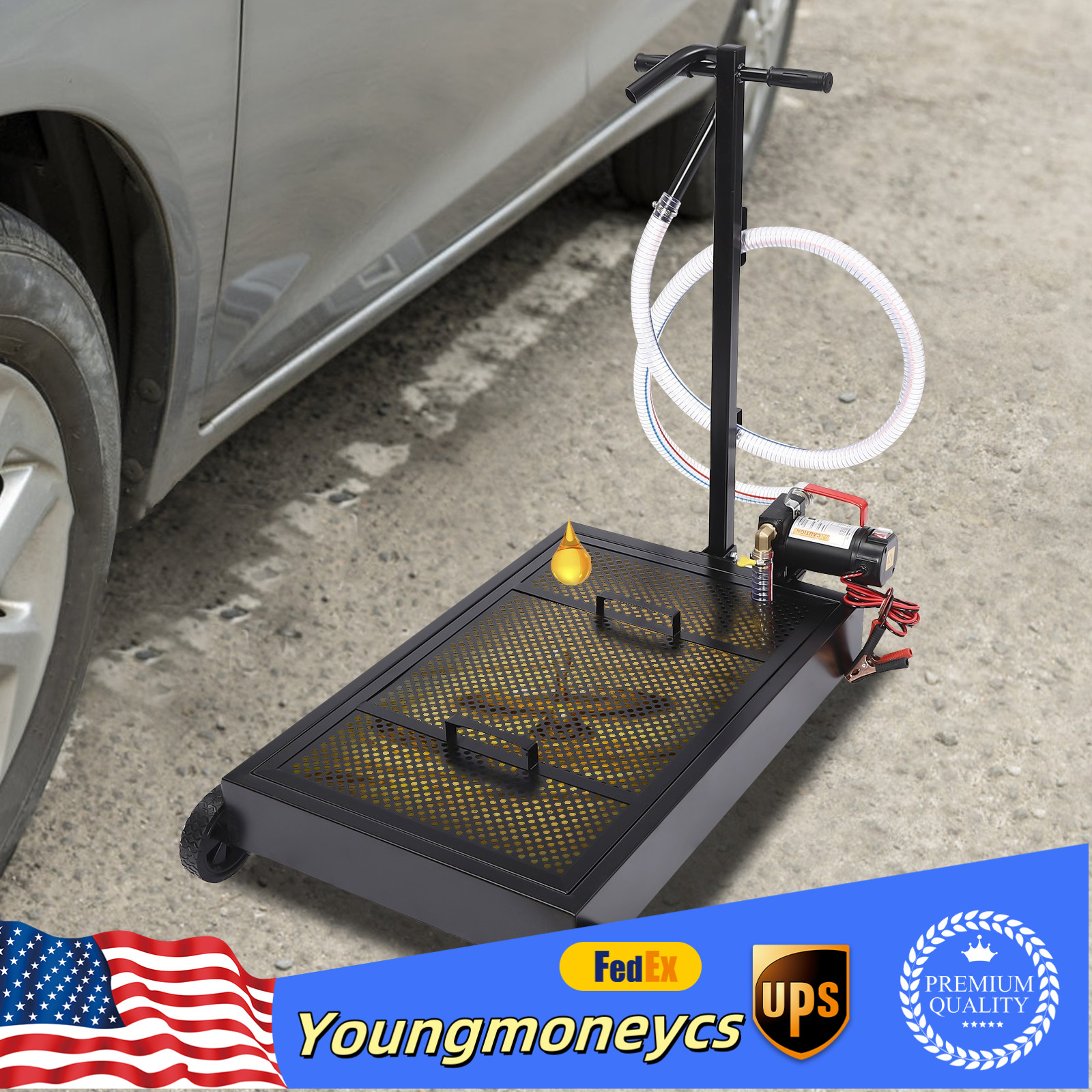 15Gal Oil Drain Pan Low Profile with Electric Pump 155W and Wheels Car Truck NEW