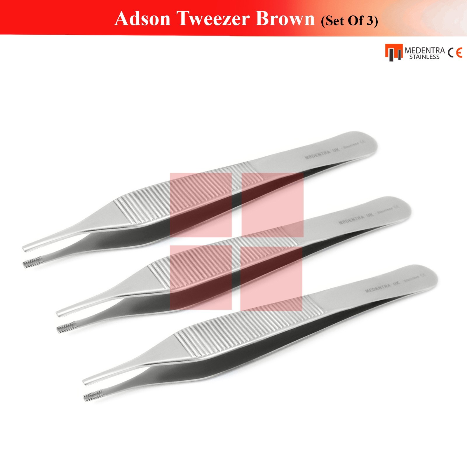 Set of 3 Adson-Brown Tissue Forceps 7x7 Teeth Surgical Delicate Tissues Tweezers