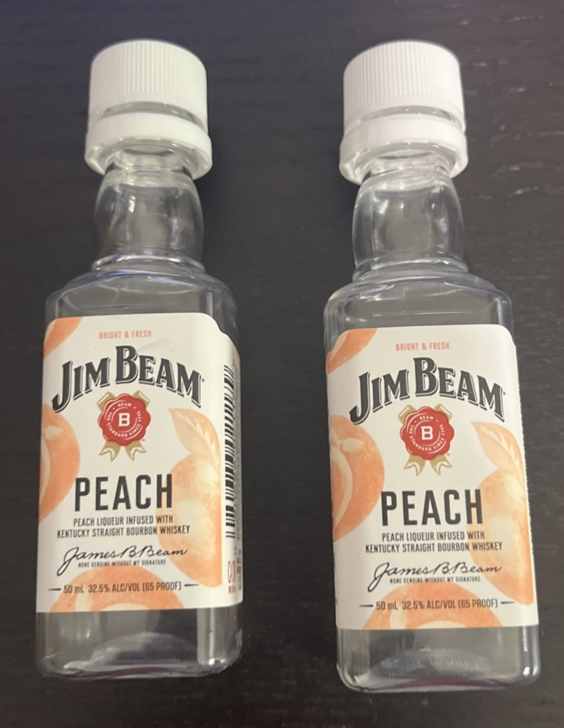 2 Empty Jim Beam Peach Whiskey Bottles - 50ml - Plastic - w/lids
