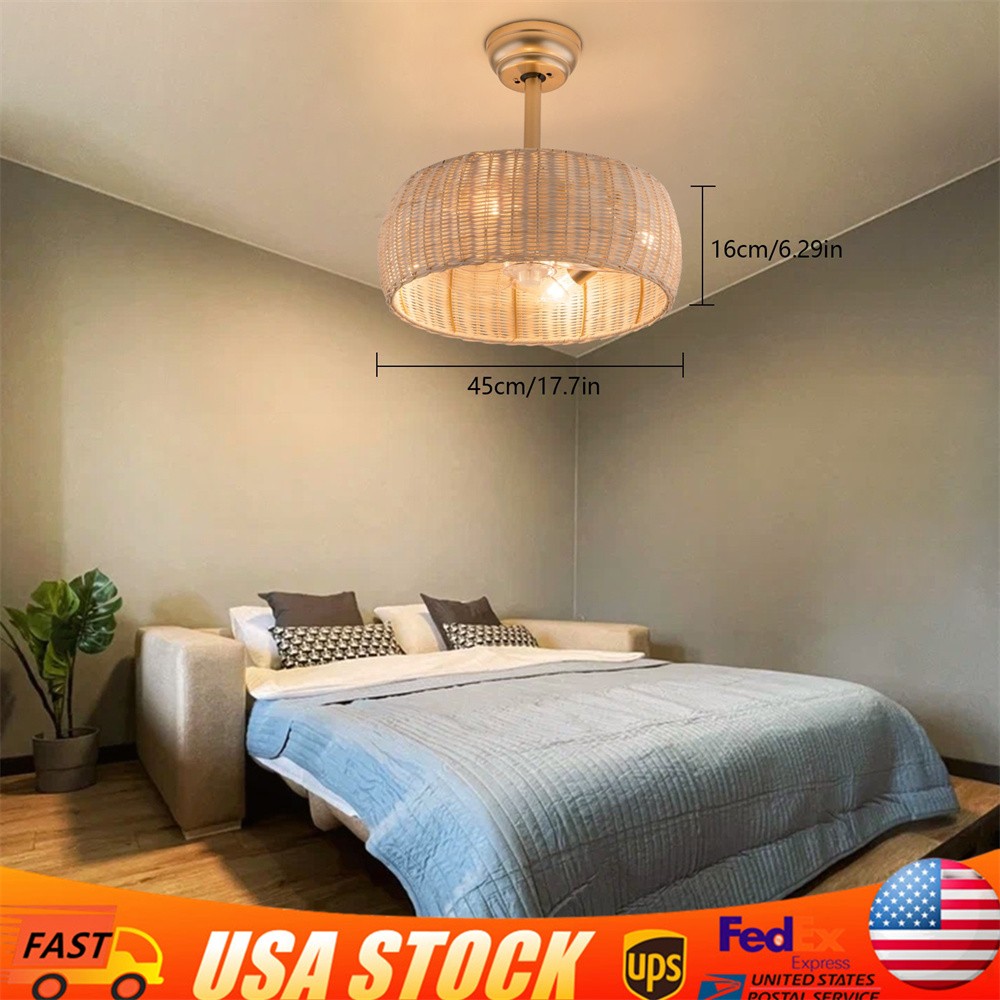 18.5" Rattan Caged Ceiling Fan Light Bamboo Fan Chandeliar for Bedroom w/ Remote