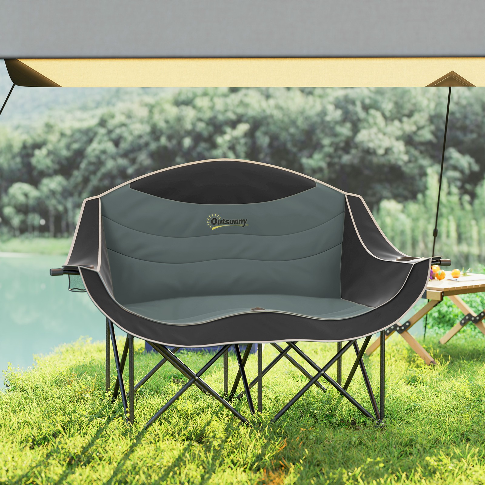 Double Camping Chair for Adults, Padded Folding Camp Chair, Black
