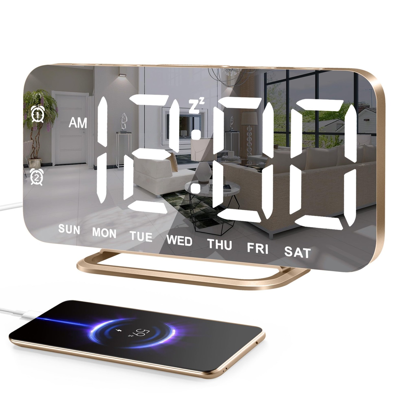 Slim LED Digital Alarm Clock Mirror Surface for Makeup with Diming Large Disp...