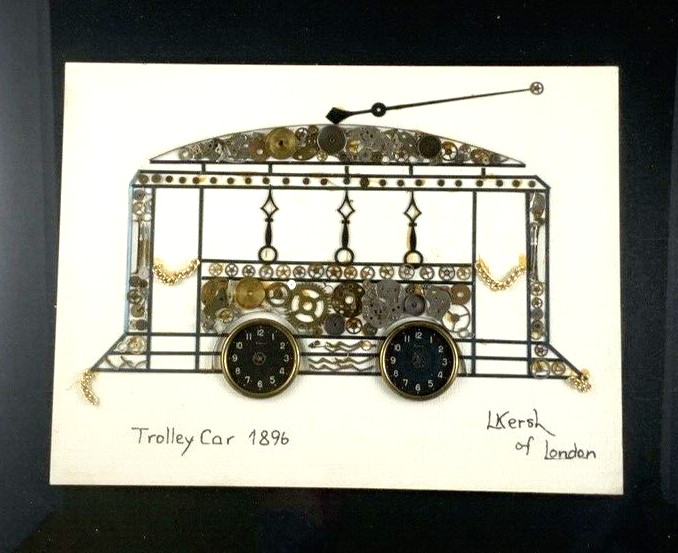 Trolly Car 1896 | L Kersh of London | Collage of Clock Parts | Gold Frame