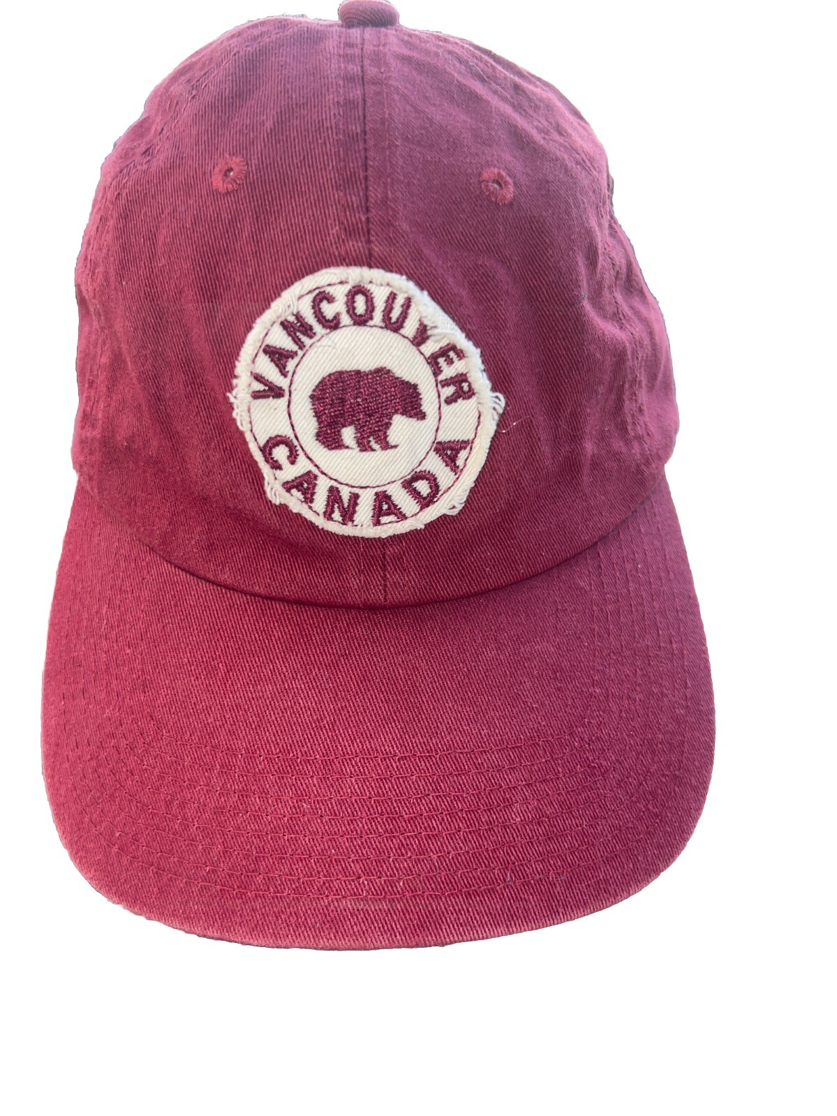 Vancouver Canada Bear DIstressed Bear Patch on Maroon Hat Cap Strap Buckle EUC