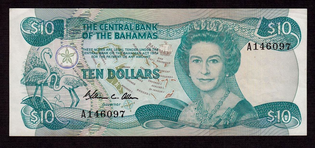 Bahamas 10 Dollars 1974(1984) P-46a * XF+ * Signature W.C. Allen * Elizabeth *