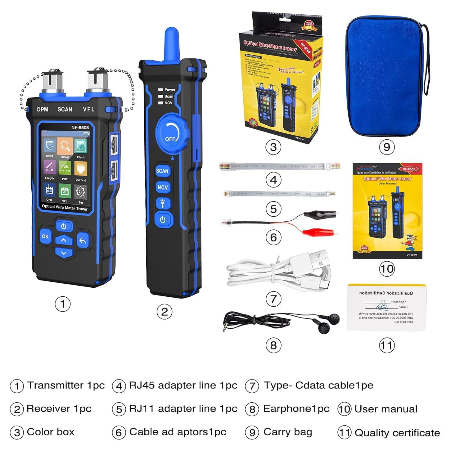 Ethernet Cable Tester & Optical Power Meter with Visual Fault Locator - Blue