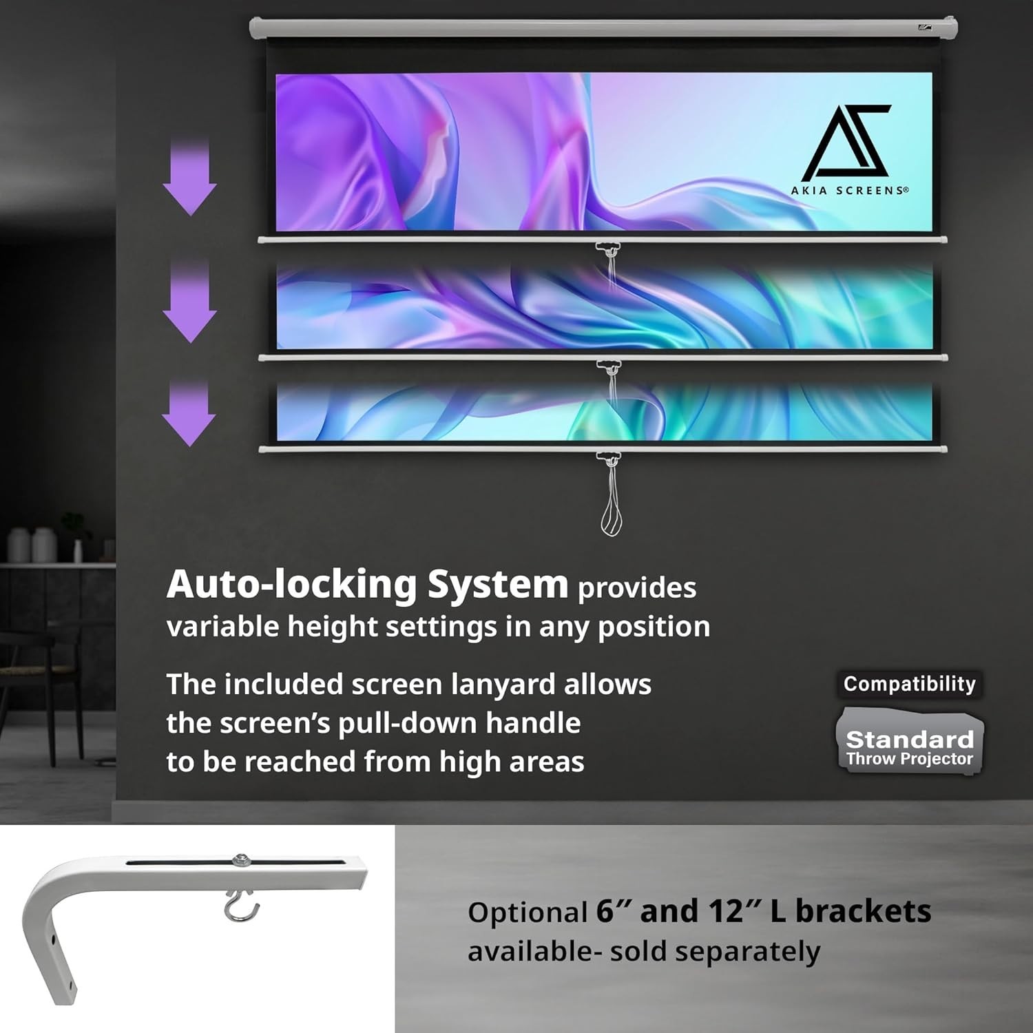 Retractable 110-Inch Projector Screen - 16:9 Aspect Ratio, Auto Locking System