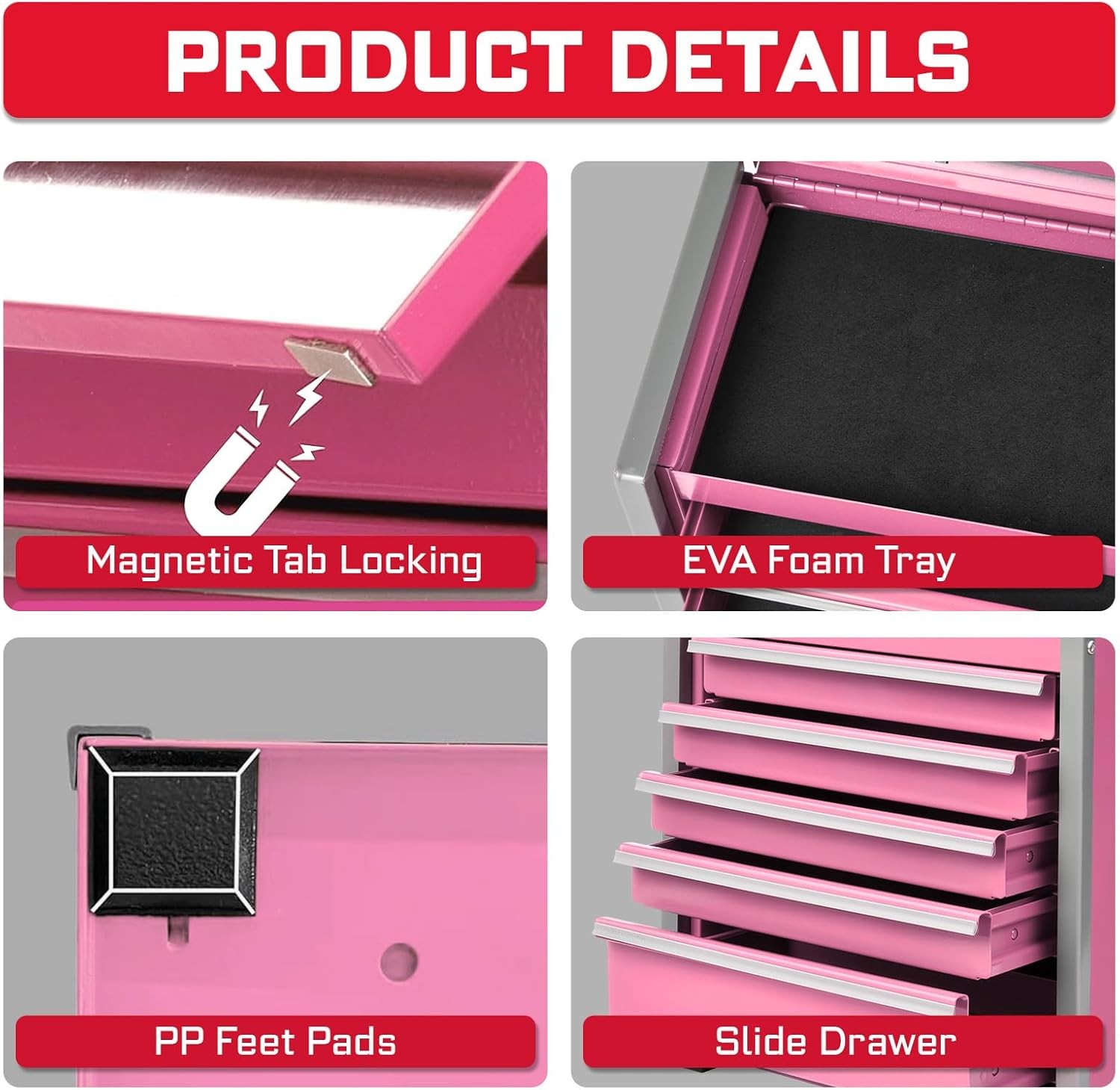 8-Drawer Rolling Pink Tool Box Heavy Duty Micro Roll Cab Steel Stackable Tool