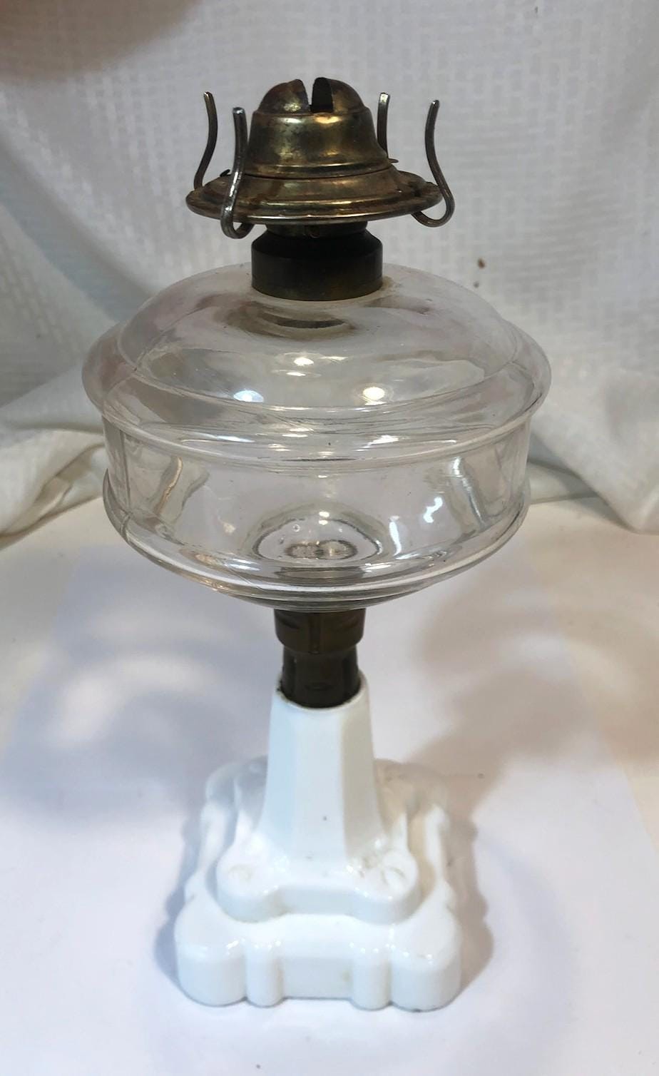 Antique Oil Lamp Pressed Opalescent Milk Glass Square Base P&A Burner Sandwich?