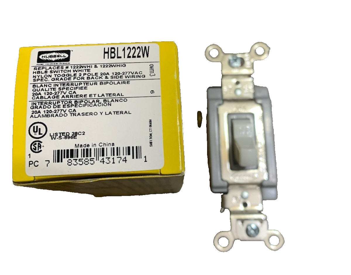 HUBBELL HBL1222W Wall Switch: Toggle Switch, Double Pole, White, 20A