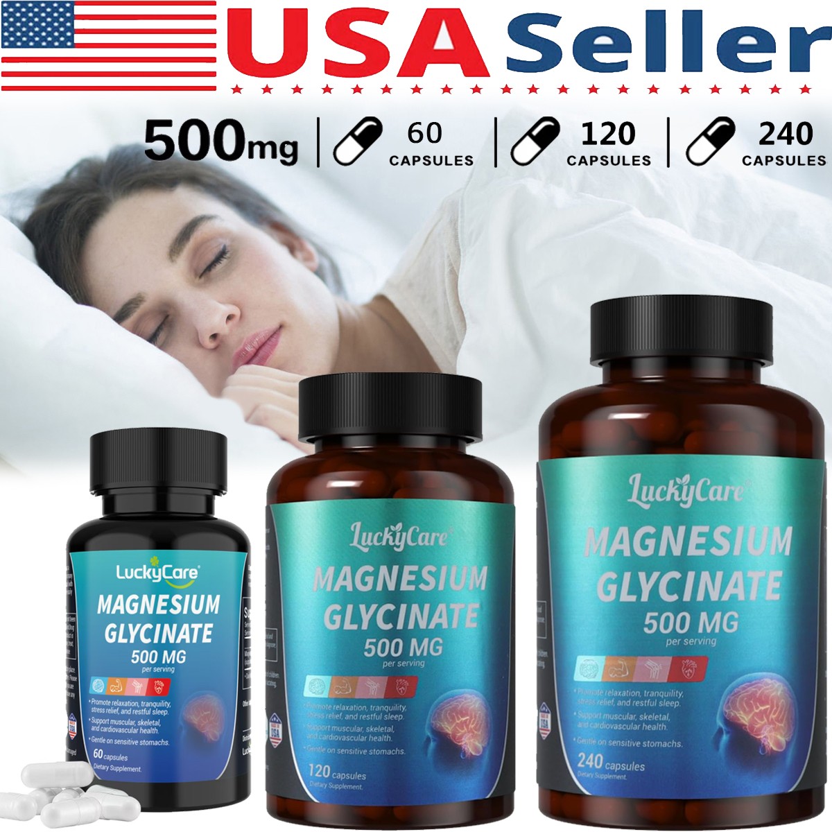 Magnesium Glycinate 500mg 240 Capsules For Sleep Stress Relief Support Bone Lot