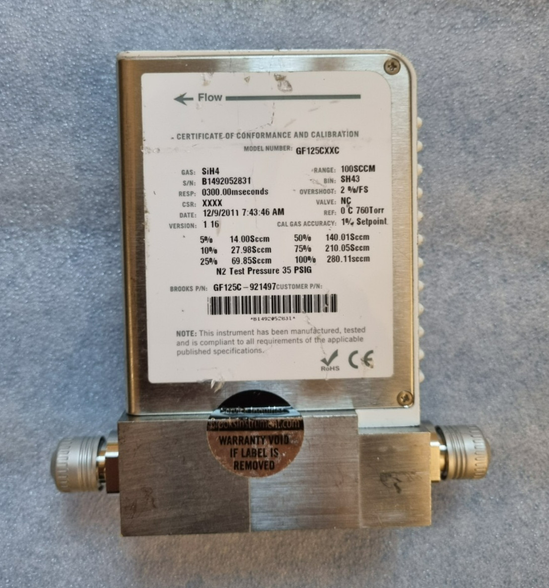 Brooks GF125CXXC MFC 100sccm SiH4 VCR Tested Working